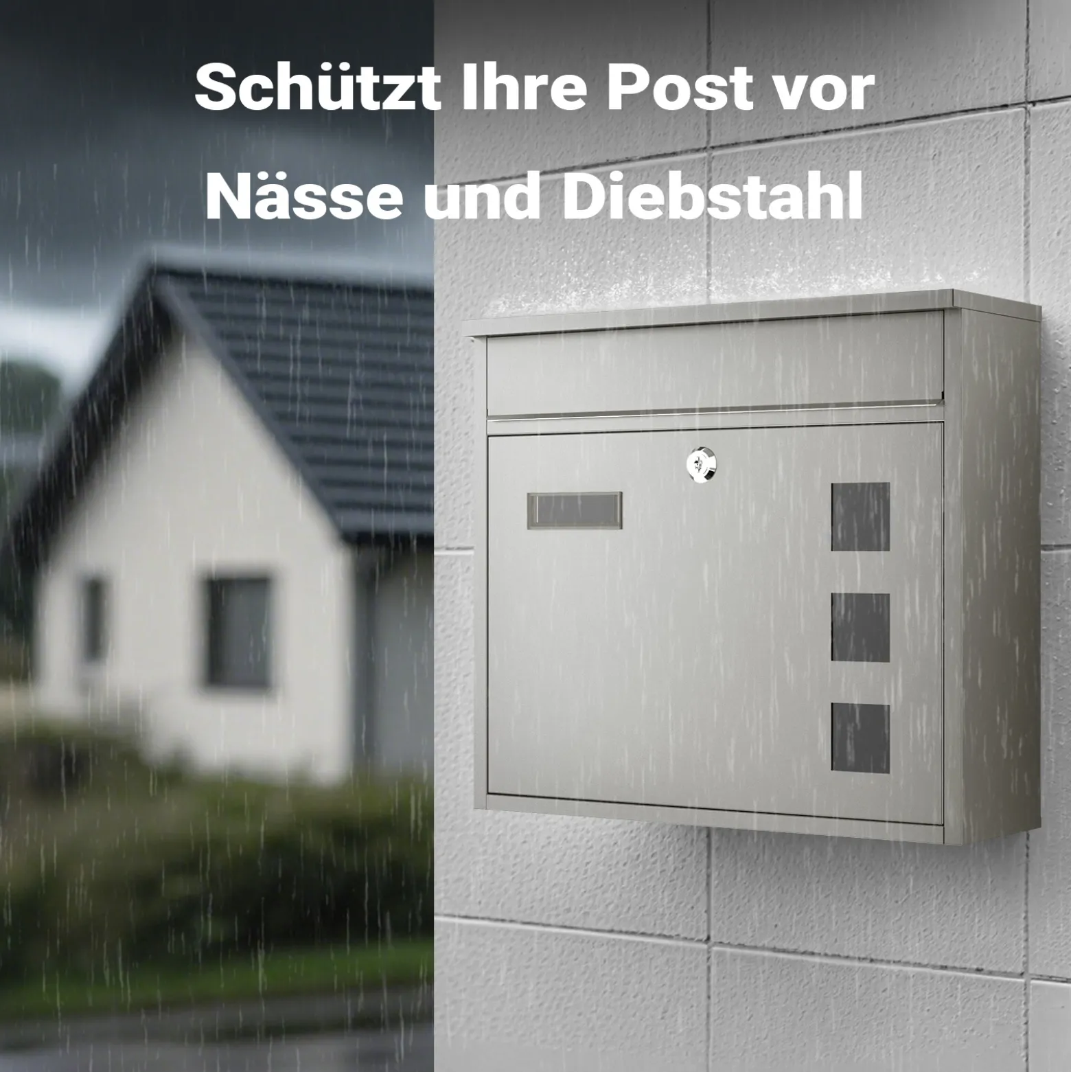 Wiltec Briefkasten V12 Edelstahl 360 x 115 x 315 mm, Wandbriefkasten mit Schloss, Sichtfenstern und Namensschild, Postkasten aus Stahl
