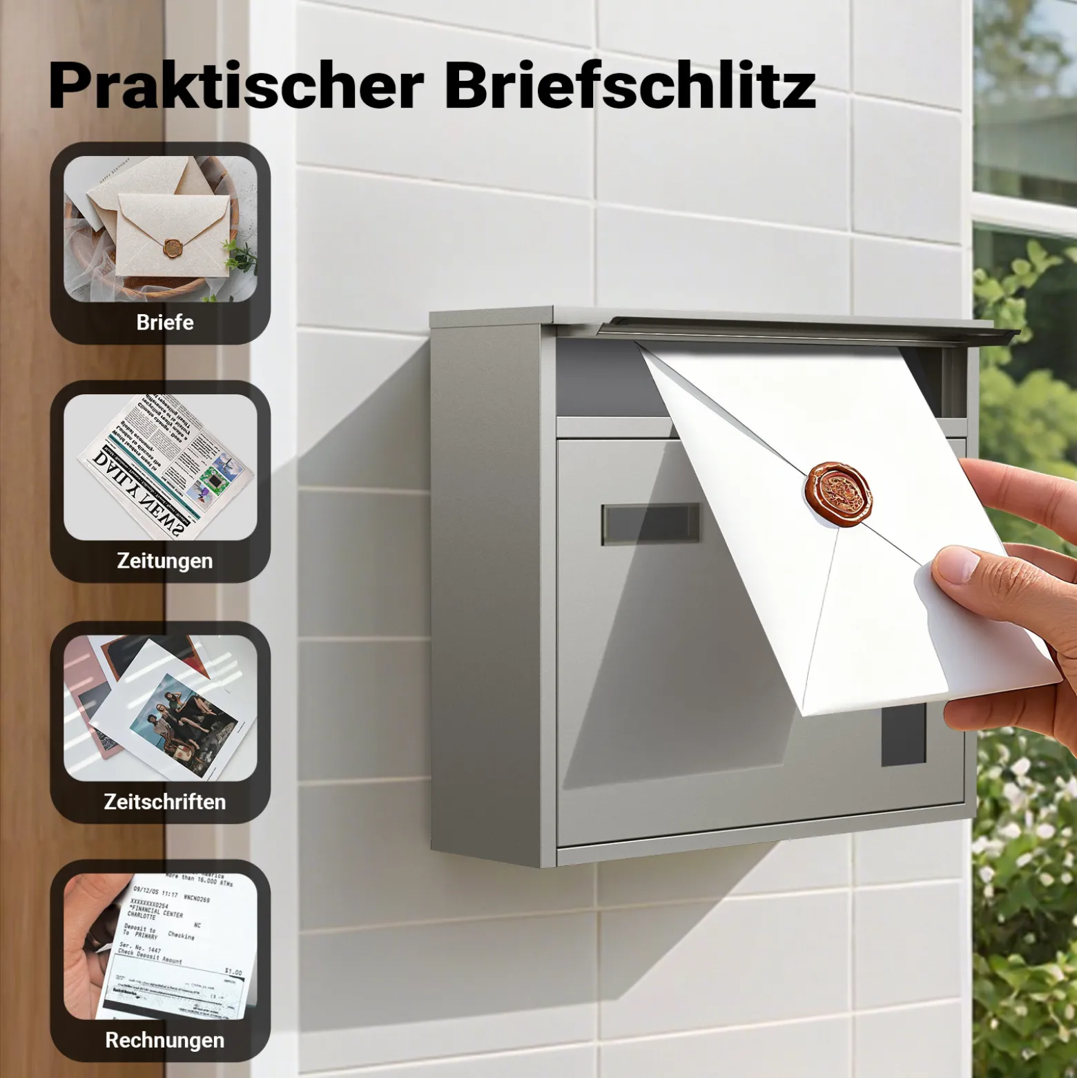 Wiltec Briefkasten V12 Edelstahl 360 x 115 x 315 mm, Wandbriefkasten mit Schloss, Sichtfenstern und Namensschild, Postkasten aus Stahl