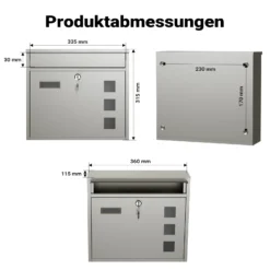 Wiltec Briefkasten V12 Edelstahl 360 x 115 x 315 mm, Wandbriefkasten mit Schloss, Sichtfenstern und Namensschild, Postkasten aus Stahl
