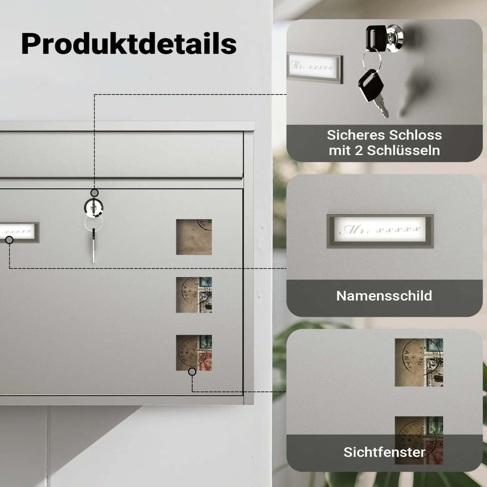 Wiltec Briefkasten V12 Edelstahl 360 x 115 x 315 mm, Wandbriefkasten mit Schloss, Sichtfenstern und Namensschild, Postkasten aus Stahl