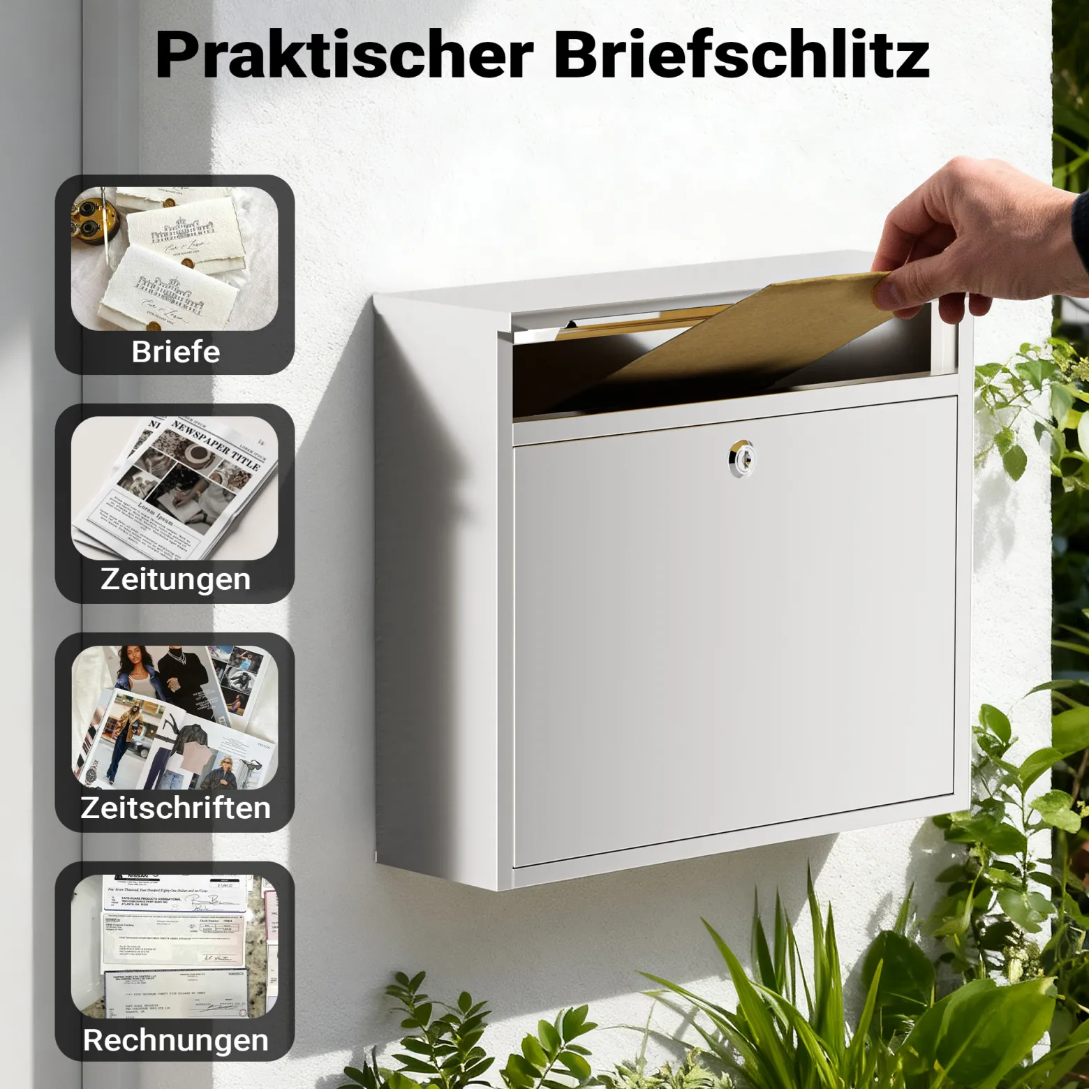 Wiltec Briefkasten V13 Edelstahl 360 x 115 x 320 mm, Wandbriefkasten mit Schloss und Klappe, Postkasten aus Stahl