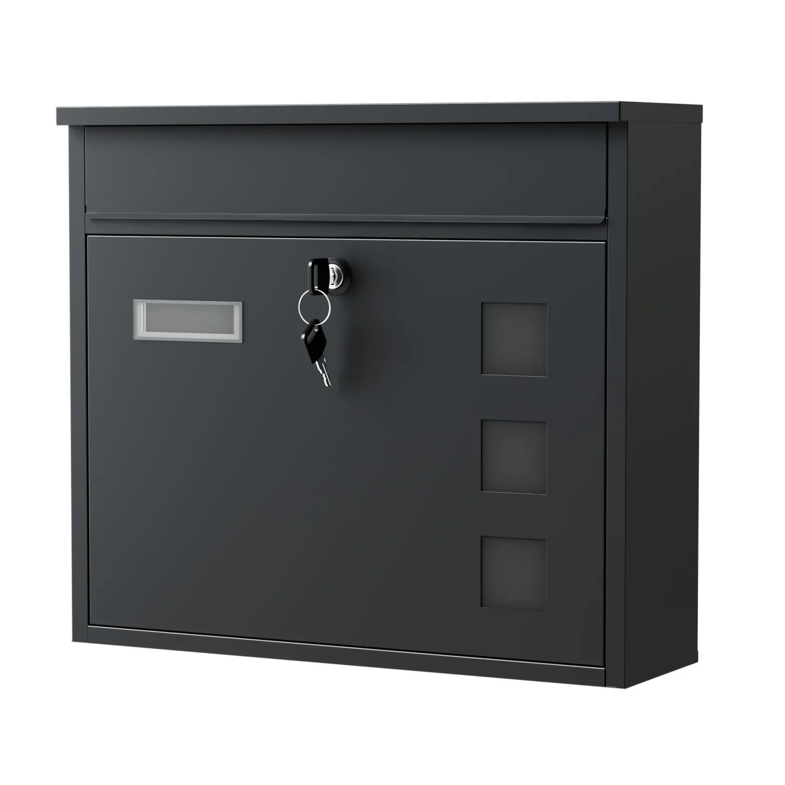 Wiltec Briefkasten V12 schwarz 362 x 115 x 315 mm, Wandbriefkasten mit Schloss, Sichtfenstern und Namensschild, Postkasten aus Stahl galvanisiert