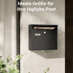 Wiltec Briefkasten V12 schwarz 362 x 115 x 315 mm, Wandbriefkasten mit Schloss, Sichtfenstern und Namensschild, Postkasten aus Stahl galvanisiert