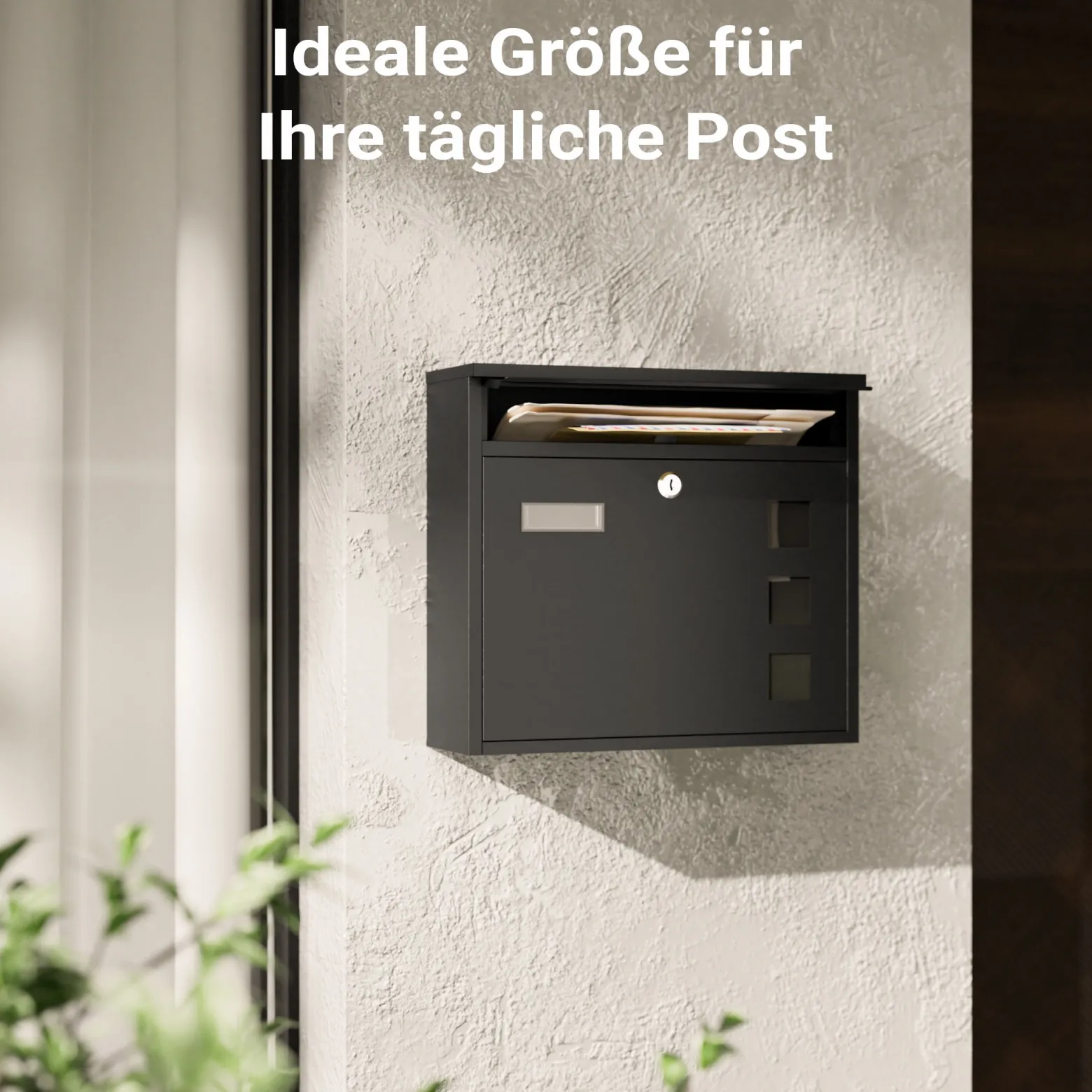 Wiltec Briefkasten V12 schwarz 362 x 115 x 315 mm, Wandbriefkasten mit Schloss, Sichtfenstern und Namensschild, Postkasten aus Stahl galvanisiert