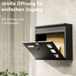 Wiltec Briefkasten V12 schwarz 362 x 115 x 315 mm, Wandbriefkasten mit Schloss, Sichtfenstern und Namensschild, Postkasten aus Stahl galvanisiert