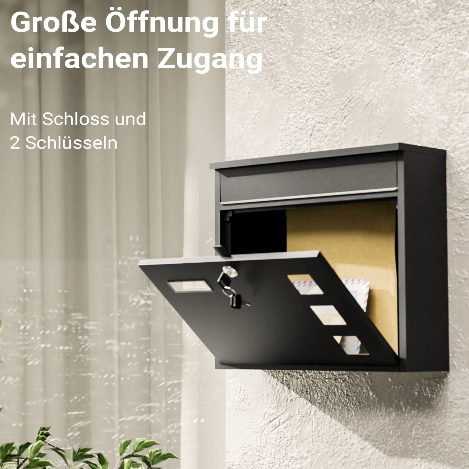 Wiltec Briefkasten V12 schwarz 362 x 115 x 315 mm, Wandbriefkasten mit Schloss, Sichtfenstern und Namensschild, Postkasten aus Stahl galvanisiert