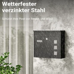 Wiltec Briefkasten V12 schwarz 362 x 115 x 315 mm, Wandbriefkasten mit Schloss, Sichtfenstern und Namensschild, Postkasten aus Stahl galvanisiert