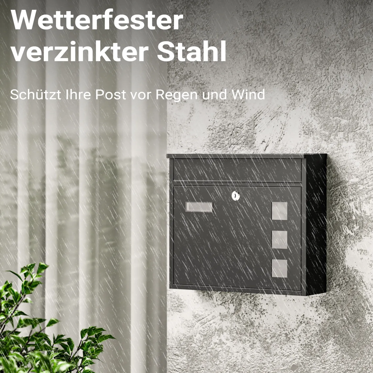 Wiltec Briefkasten V12 schwarz 362 x 115 x 315 mm, Wandbriefkasten mit Schloss, Sichtfenstern und Namensschild, Postkasten aus Stahl galvanisiert