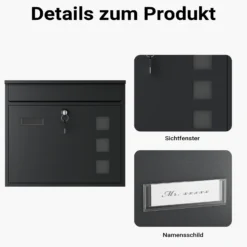 Wiltec Briefkasten V12 schwarz 362 x 115 x 315 mm, Wandbriefkasten mit Schloss, Sichtfenstern und Namensschild, Postkasten aus Stahl galvanisiert