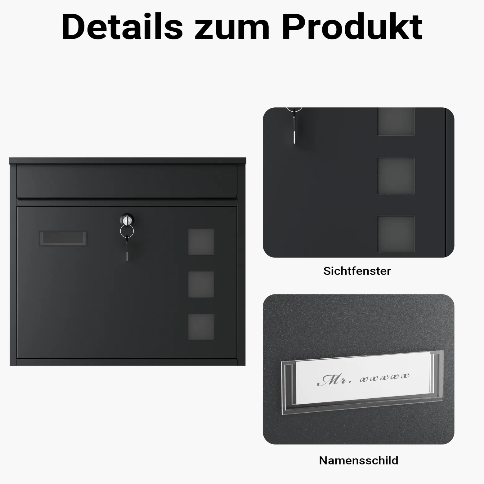 Wiltec Briefkasten V12 schwarz 362 x 115 x 315 mm, Wandbriefkasten mit Schloss, Sichtfenstern und Namensschild, Postkasten aus Stahl galvanisiert
