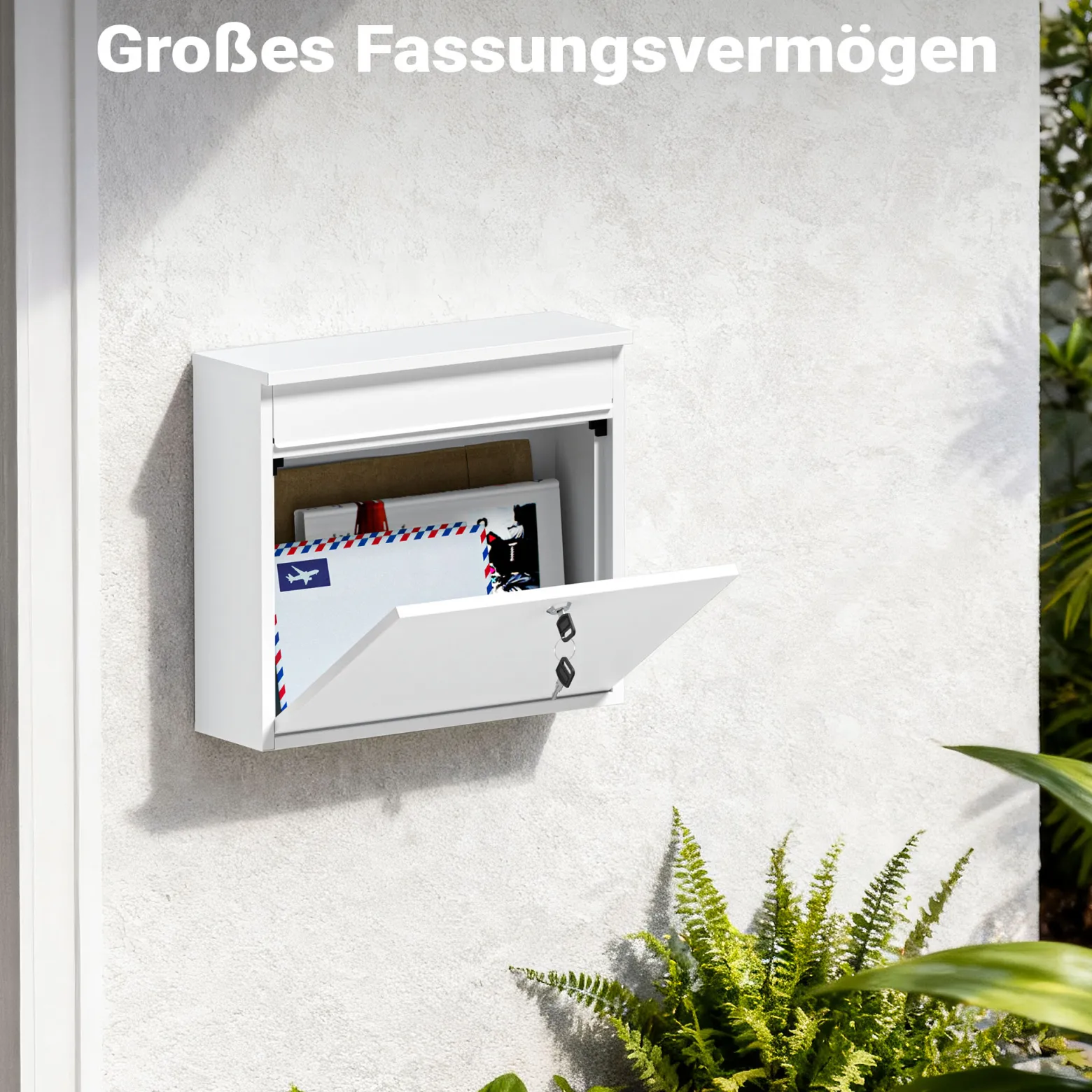 Wiltec Briefkasten V13 weiß 360 x 105 x 315 mm, Wandbriefkasten mit Schloss und Klappe, Postkasten aus Stahl pulverbeschichtet