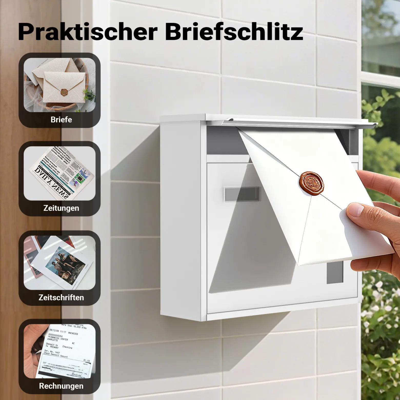 Wiltec Briefkasten V12 weiß 360 x 115 x 320 mm, Wandbriefkasten mit Schloss, Sichtfenstern und Namensschild, Postkasten aus Stahl galvanisiert