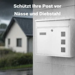 Wiltec Briefkasten V12 weiß 360 x 115 x 320 mm, Wandbriefkasten mit Schloss, Sichtfenstern und Namensschild, Postkasten aus Stahl galvanisiert