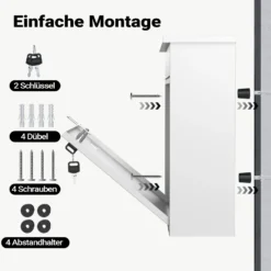 Wiltec Briefkasten V12 weiß 360 x 115 x 320 mm, Wandbriefkasten mit Schloss, Sichtfenstern und Namensschild, Postkasten aus Stahl galvanisiert