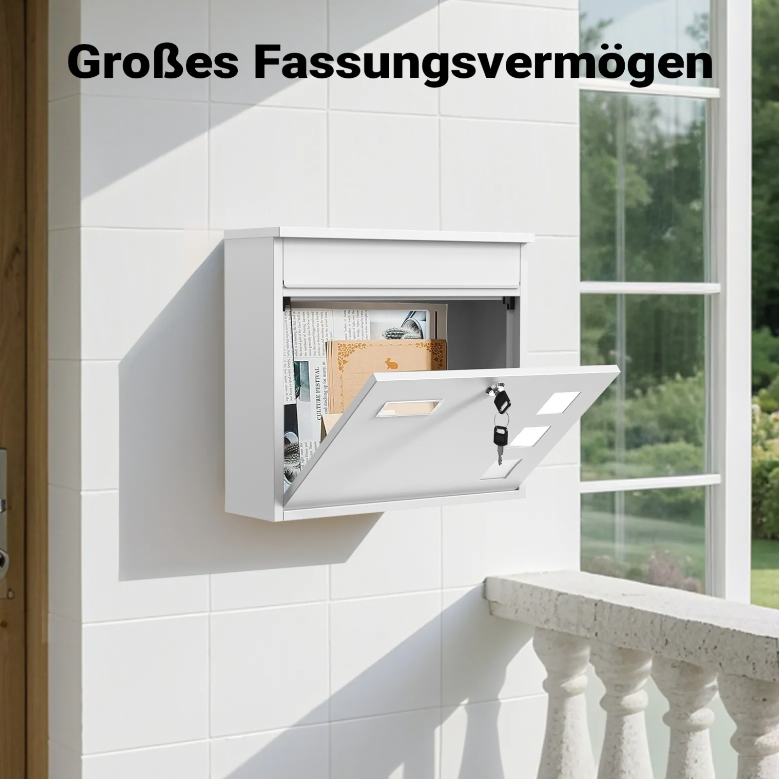 Wiltec Briefkasten V12 weiß 360 x 115 x 320 mm, Wandbriefkasten mit Schloss, Sichtfenstern und Namensschild, Postkasten aus Stahl galvanisiert