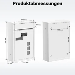 Wiltec Briefkasten weiß 215x320x90mm Briefkasten mit Zahlenschloss, Namensschild und Sichtfenster Postkasten aus pulverbeschichtetem Stahl