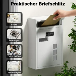 Wiltec Briefkasten weiß 215x320x90mm Briefkasten mit Zahlenschloss, Namensschild und Sichtfenster Postkasten aus pulverbeschichtetem Stahl