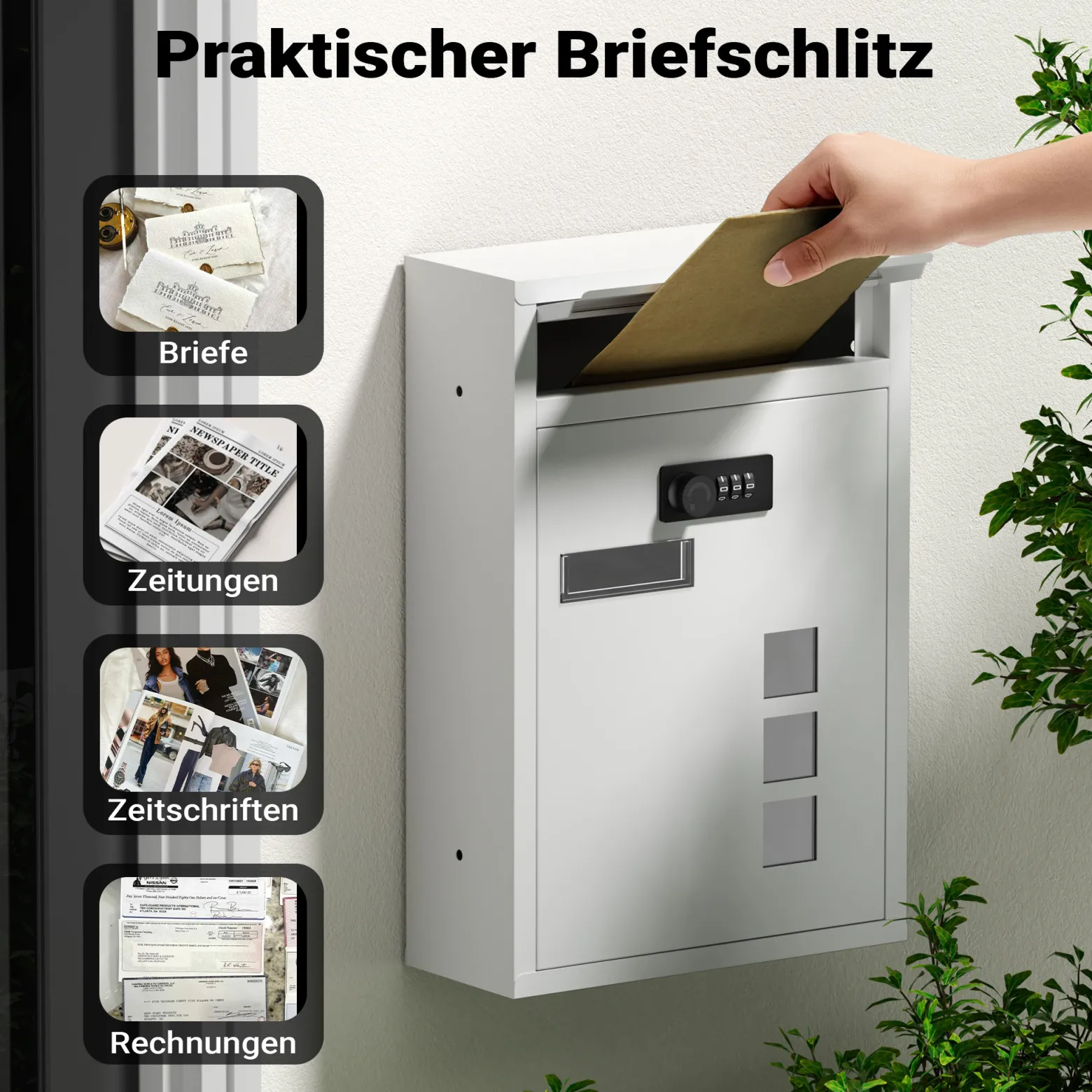 Wiltec Briefkasten weiß 215x320x90mm Briefkasten mit Zahlenschloss, Namensschild und Sichtfenster Postkasten aus pulverbeschichtetem Stahl