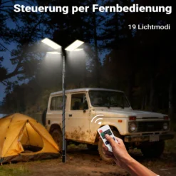Wiltec Campinglampe V2 LED Strahler 115W 11224 Lumen mit Teleskopstange und Halterung höhenverstellbar Anschluss an 12V-Stromquelle für Camping, Outdoor-Aktivitäten, Baustellen und Notfallsituationen