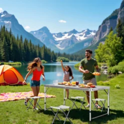 Wiltec Campingmöbel Set 5tlg. Campingtisch mit Stühlen höhenverstellbarer Tisch plus 4 Campingstühle Aluminium Sitzgarnitur Campingtisch klappbar Klapptisch Camping Garnitur faltbar