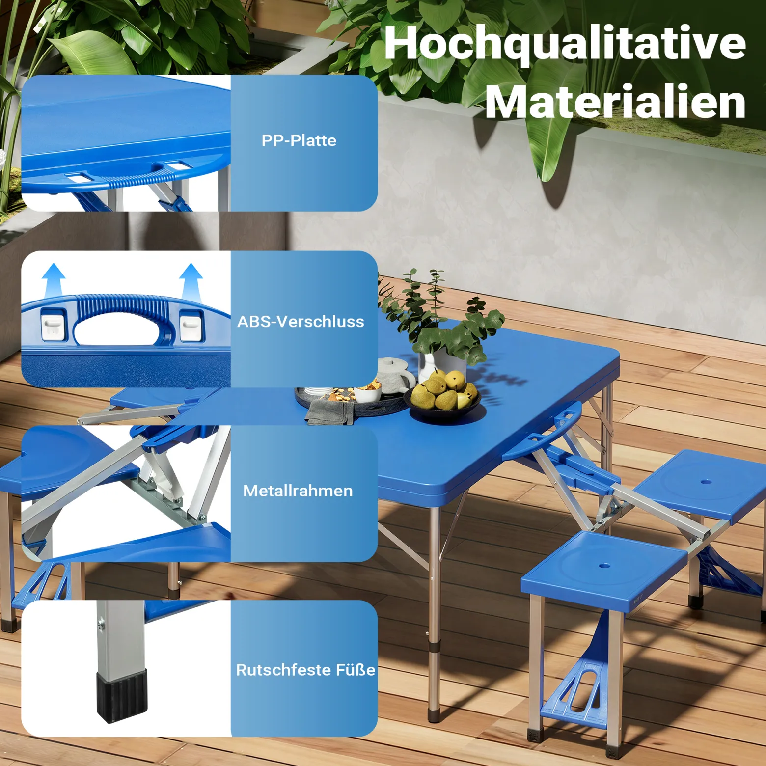 Wiltec Camping Sitzgruppe mit 4 Sitzplätzen klappbare Sitzgruppe Kunststoff Campingtisch klappbar Aluminiumstangen Campingmöbel Set Campingtisch mit Stühlen faltbar
