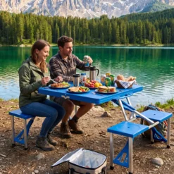 Wiltec Camping Sitzgruppe mit 4 Sitzplätzen klappbare Sitzgruppe Kunststoff Campingtisch klappbar Aluminiumstangen Campingmöbel Set Campingtisch mit Stühlen faltbar