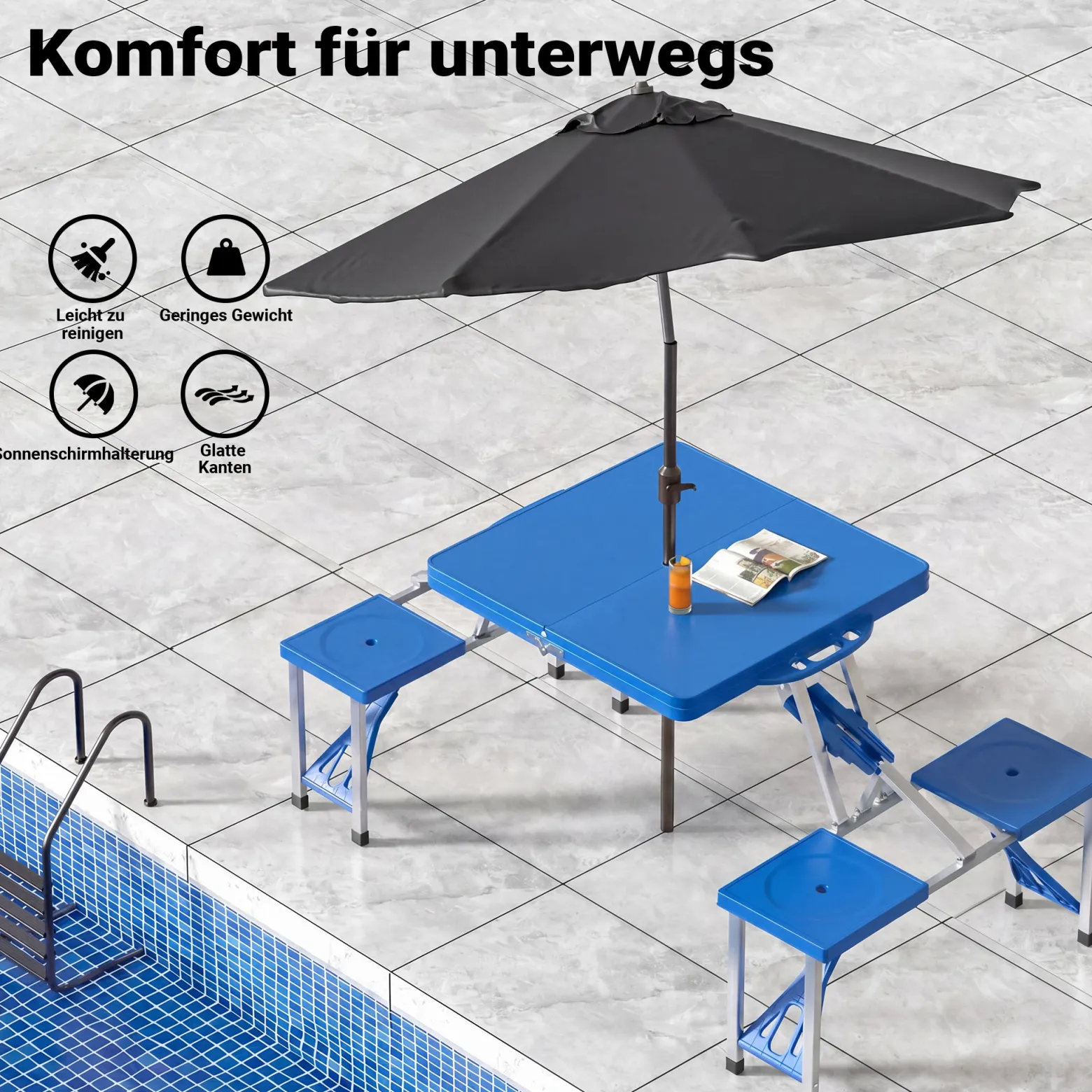 Wiltec Camping Sitzgruppe mit 4 Sitzplätzen klappbare Sitzgruppe Kunststoff Campingtisch klappbar Aluminiumstangen Campingmöbel Set Campingtisch mit Stühlen faltbar