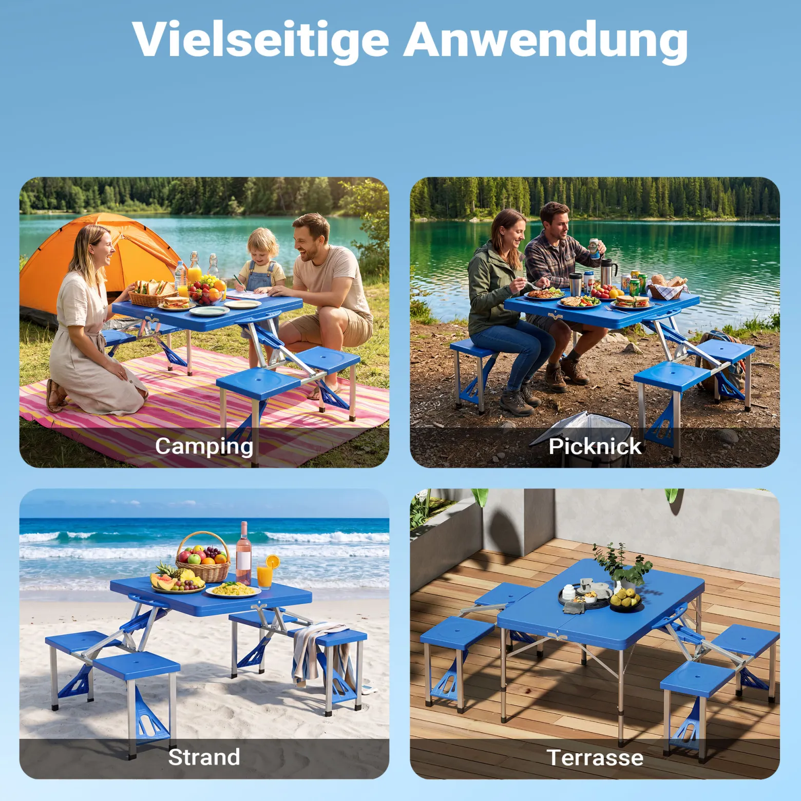 Wiltec Camping Sitzgruppe mit 4 Sitzplätzen klappbare Sitzgruppe Kunststoff Campingtisch klappbar Aluminiumstangen Campingmöbel Set Campingtisch mit Stühlen faltbar