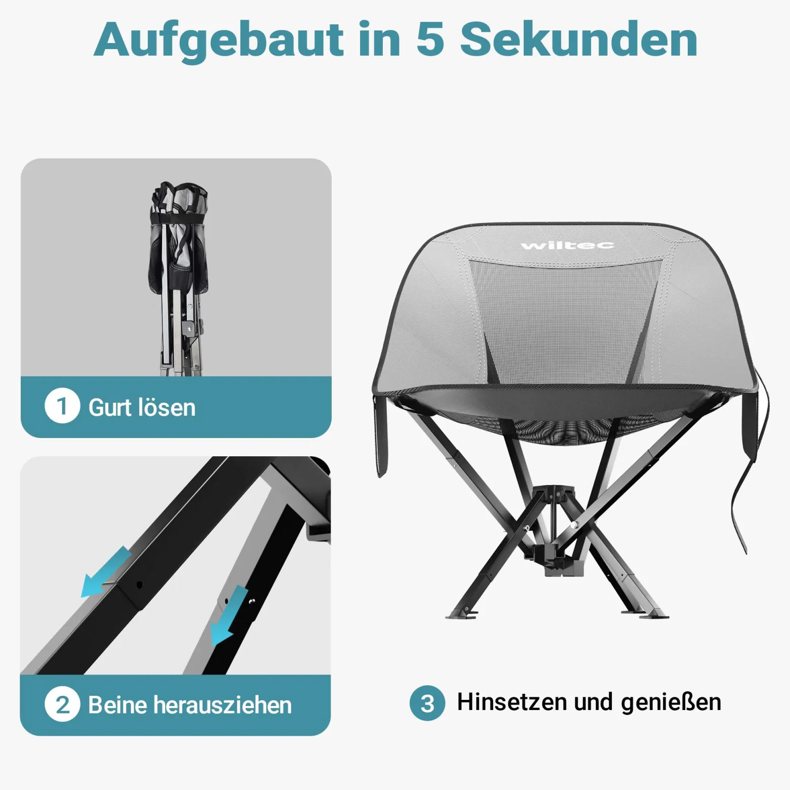 Wiltec Campingstuhl faltbar bis 100 kg grau schwarz Anglerstuhl leicht Klappstuhl Faltstuhl Camping Stuhl klappbar kleines Packmaß