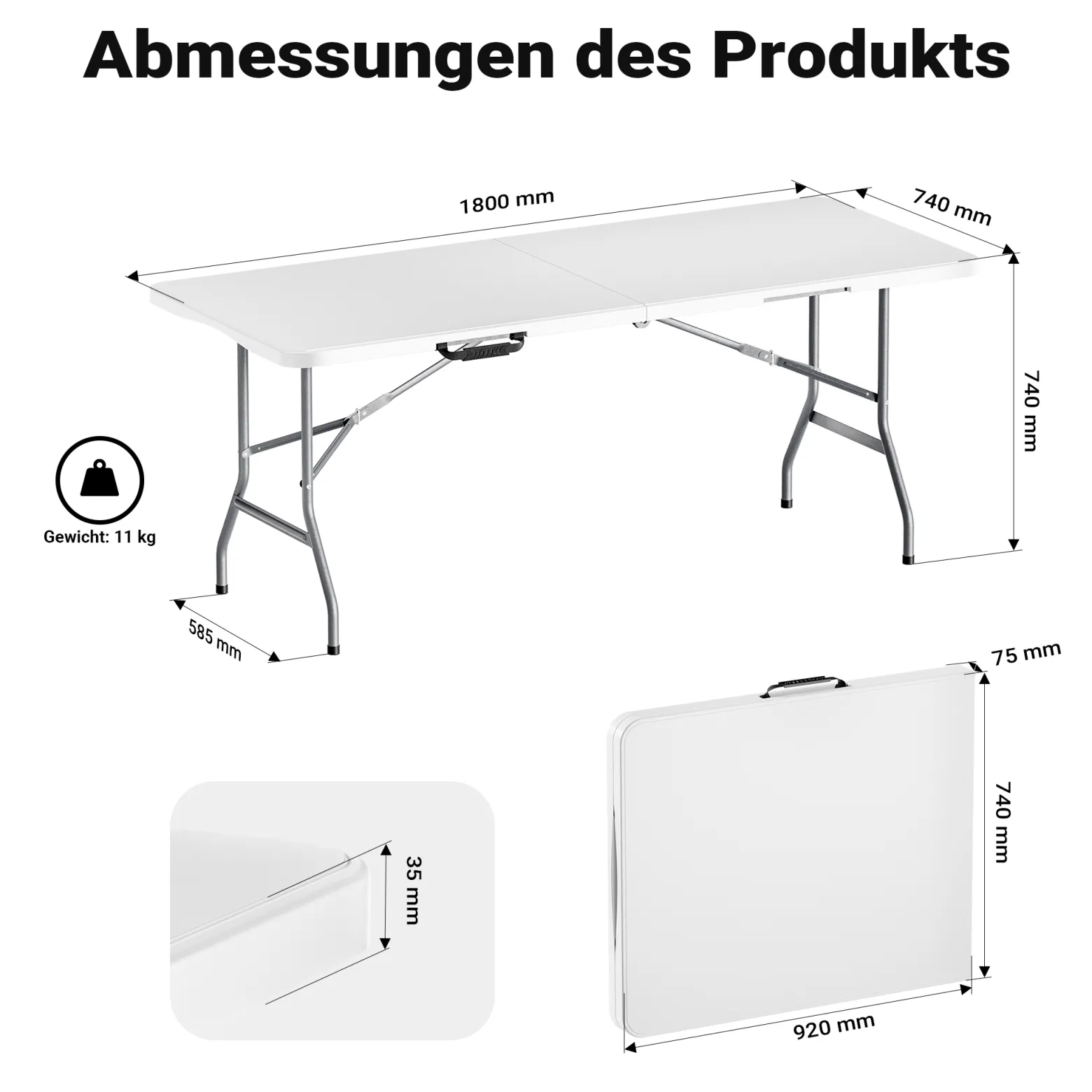 Wiltec Campingtisch klappbar 180x75x74 cm Klapptisch mit Tragegriff Partytisch Biertisch Gartentisch Buffettisch Bierzeltgarnitur Camping Tisch faltbar
