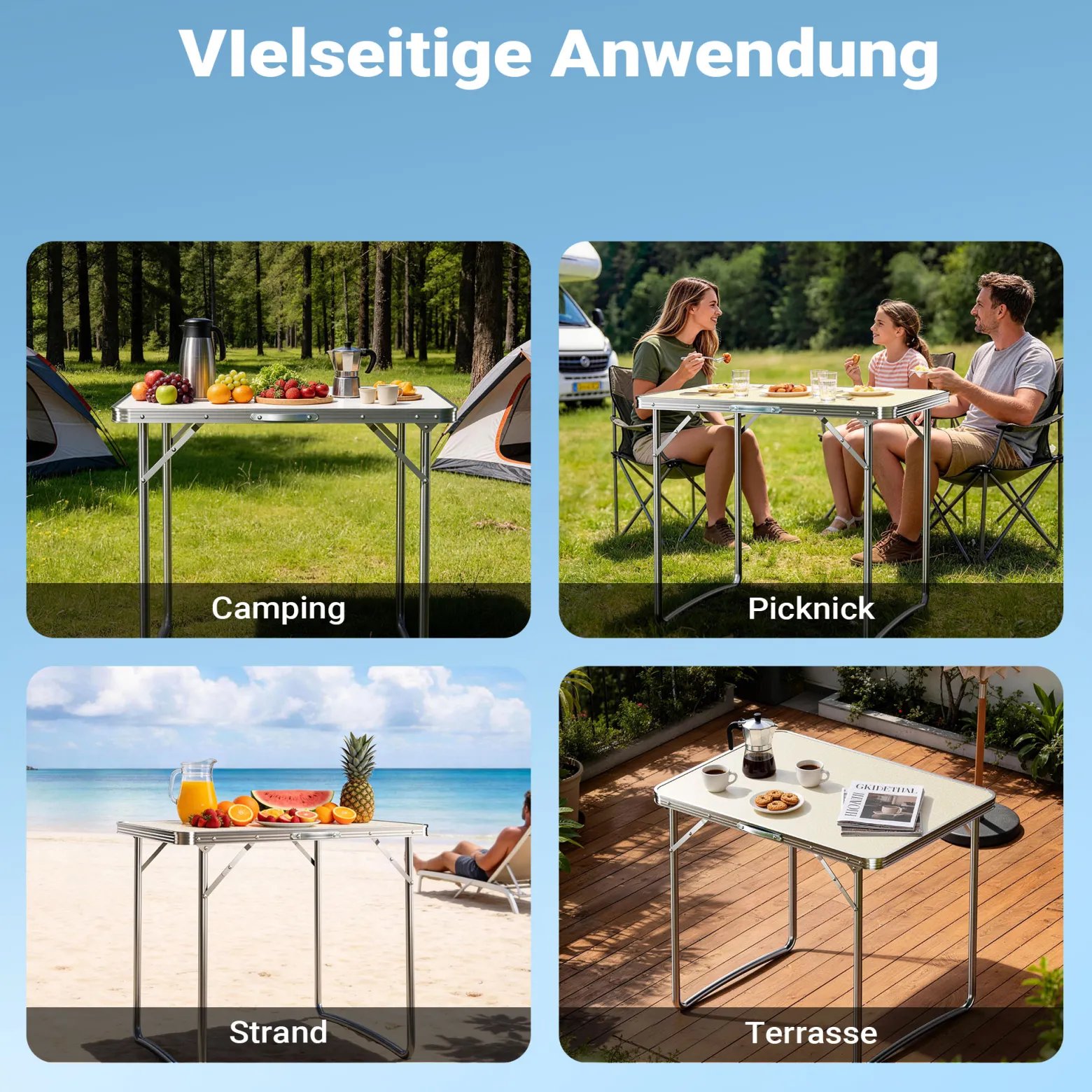 Wiltec Campingtisch klappbar 80x60cm mit weißer Tischplatte aus MDF und Aluminium Rahmen Klapptisch Alu Falttisch Camping Garten Balkon Outdoor Camping Tisch faltbar