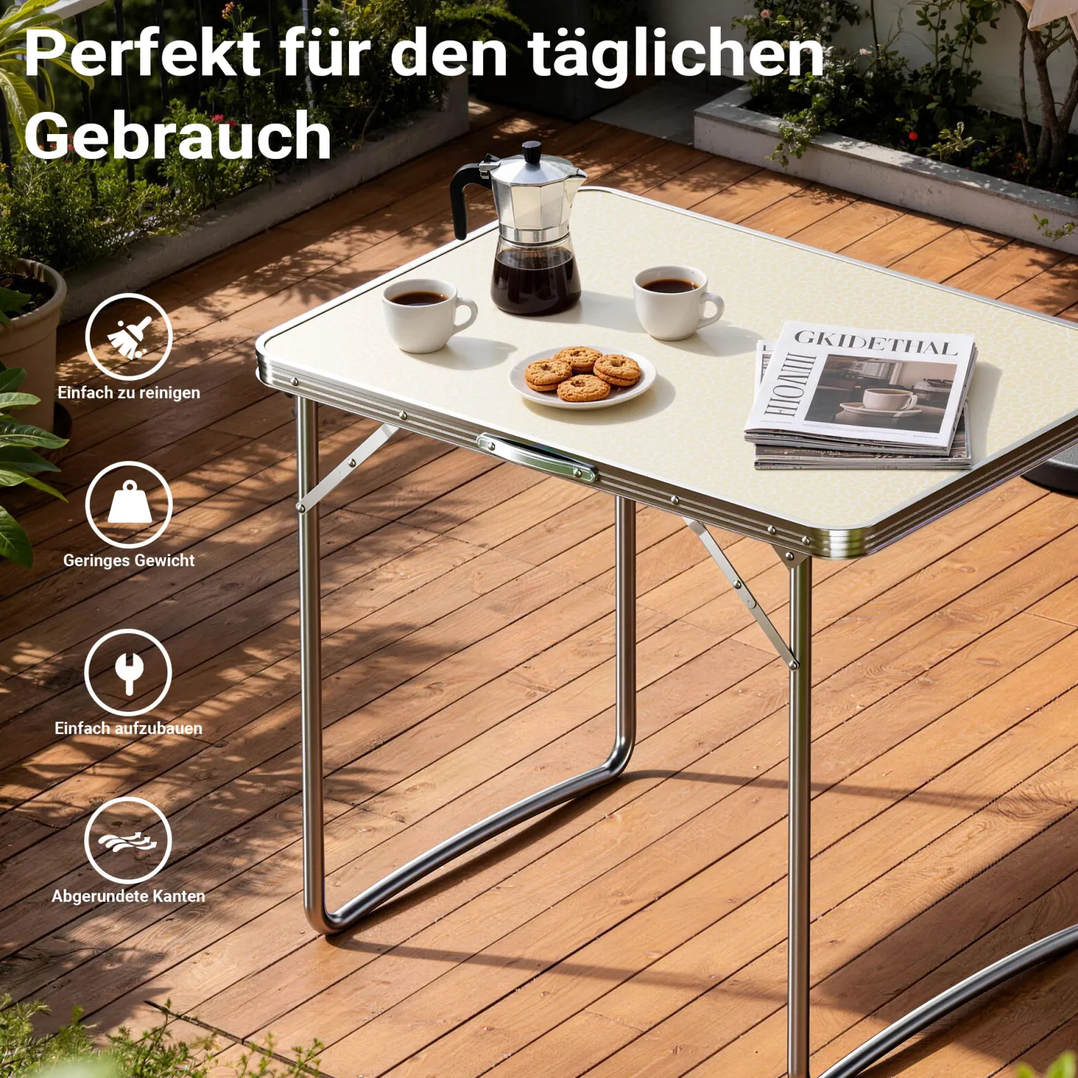 Wiltec Campingtisch klappbar 80x60cm mit weißer Tischplatte aus MDF und Aluminium Rahmen Klapptisch Alu Falttisch Camping Garten Balkon Outdoor Camping Tisch faltbar