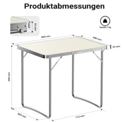 Wiltec Campingtisch klappbar 80x60cm mit weißer Tischplatte aus MDF und Aluminium Rahmen Klapptisch Alu Falttisch Camping Garten Balkon Outdoor Camping Tisch faltbar