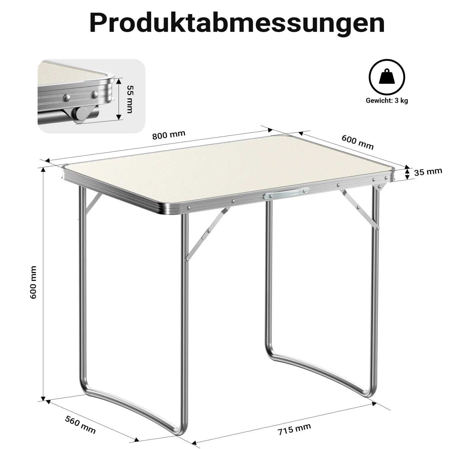 Wiltec Campingtisch klappbar 80x60cm mit weißer Tischplatte aus MDF und Aluminium Rahmen Klapptisch Alu Falttisch Camping Garten Balkon Outdoor Camping Tisch faltbar