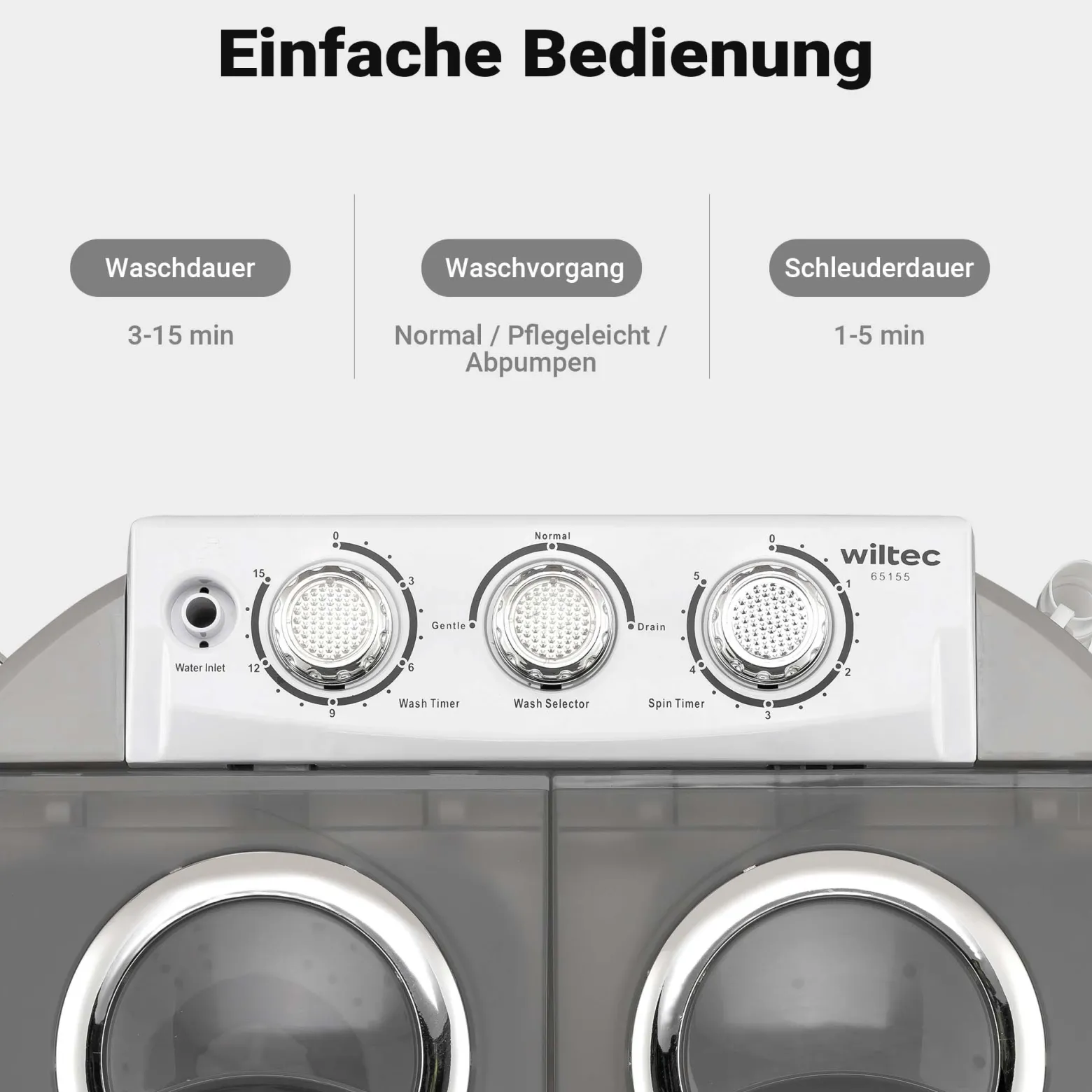 Wiltec Camping Waschmaschine 230 W 60 x 36 x 60 cm, Mini Waschmaschine für bis zu 3,0 kg Wäsche, Reisewaschmaschine mit 2,0 kg Schleuderkapazität