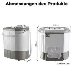 Wiltec Camping Waschmaschine 230 W 60 x 36 x 60 cm, Mini Waschmaschine für bis zu 3,0 kg Wäsche, Reisewaschmaschine mit 2,0 kg Schleuderkapazität
