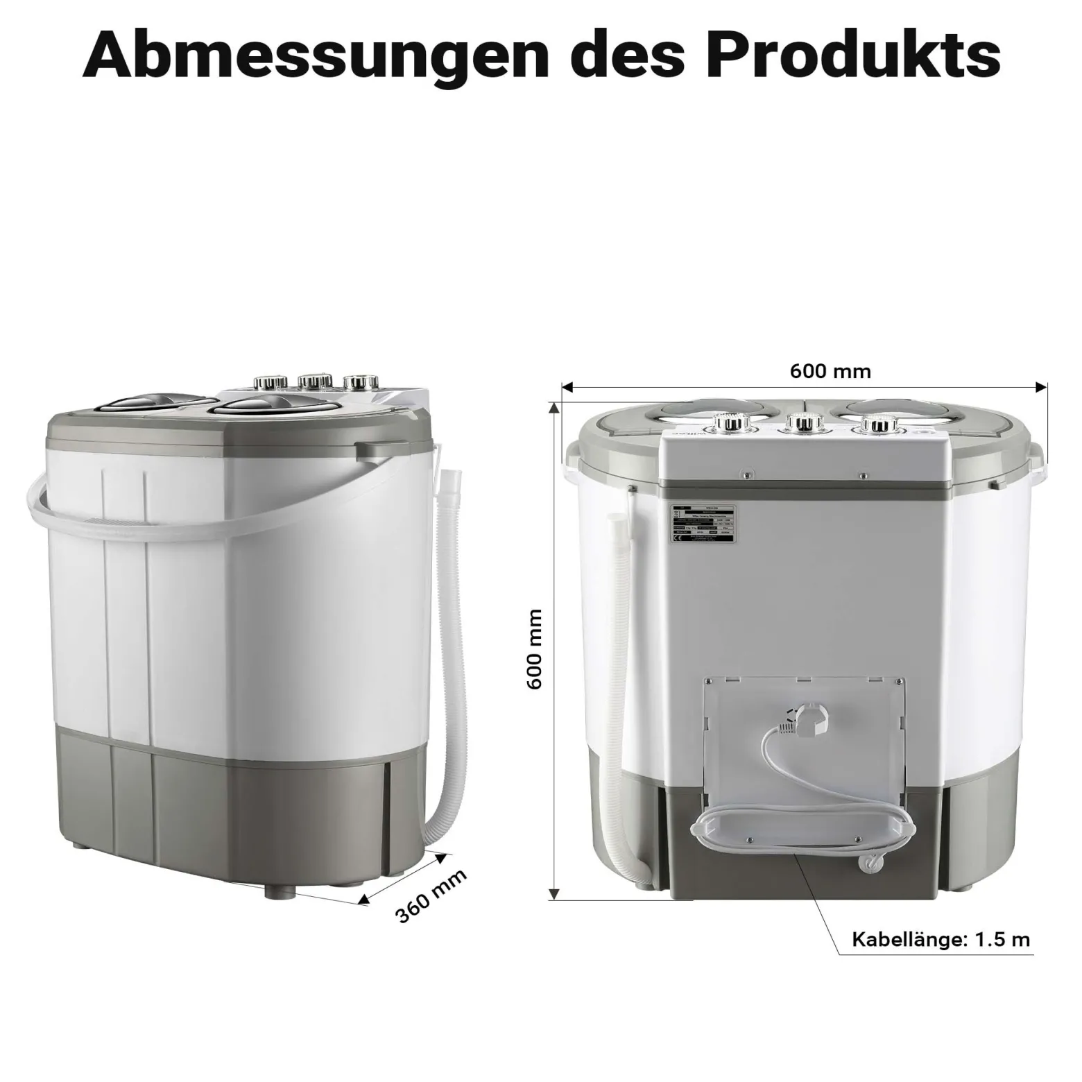 Wiltec Camping Waschmaschine 230 W 60 x 36 x 60 cm, Mini Waschmaschine für bis zu 3,0 kg Wäsche, Reisewaschmaschine mit 2,0 kg Schleuderkapazität