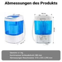 Wiltec Camping Waschmaschine bis 3,0 kg 150 W, Mini Waschmaschine 33 x 35 x 52,5 cm für waschen und schleudern, Reisewachmaschine mit Timer