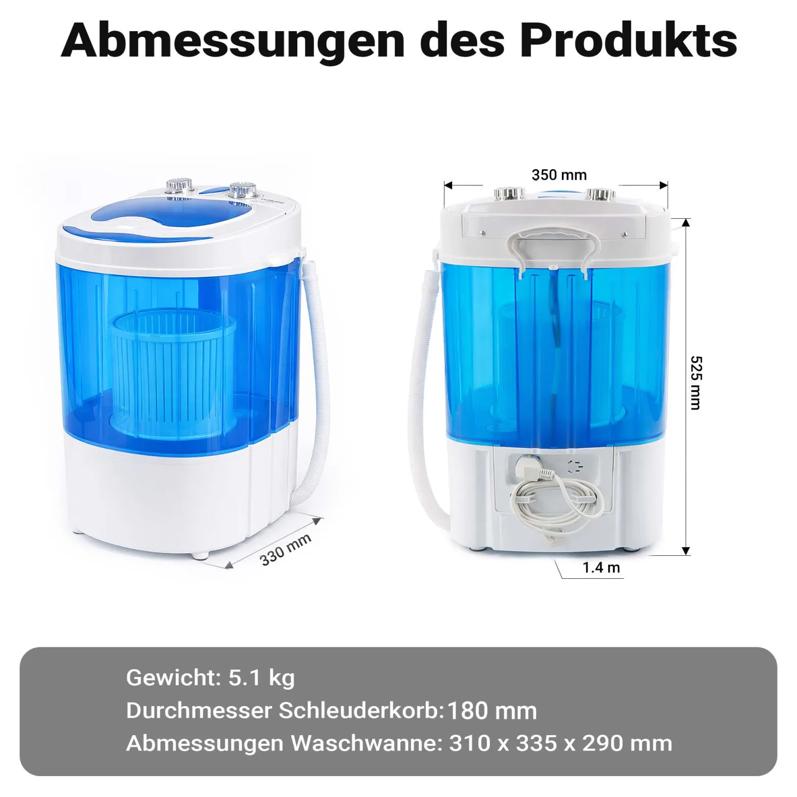 Wiltec Camping Waschmaschine bis 3,0 kg 150 W, Mini Waschmaschine 33 x 35 x 52,5 cm für waschen und schleudern, Reisewachmaschine mit Timer