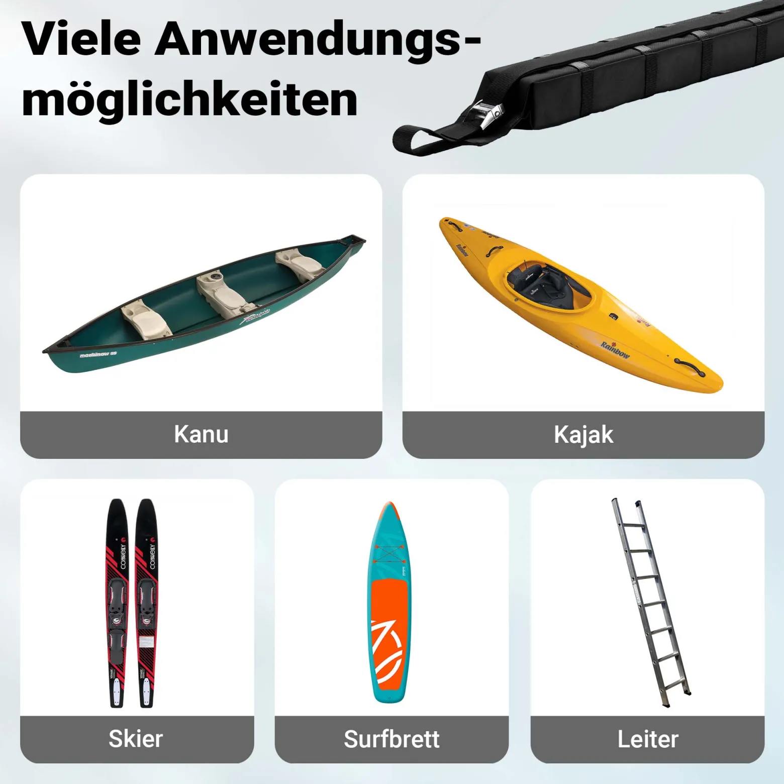 Wiltec Dachgepäckträger weich 113 x 10 x 8 cm mit 2 x Gurtband, Auto Dachträger bis 75 kg für Kanu, Kajak, Surfbrett, SUP, Snowboard, Skier und Leiter