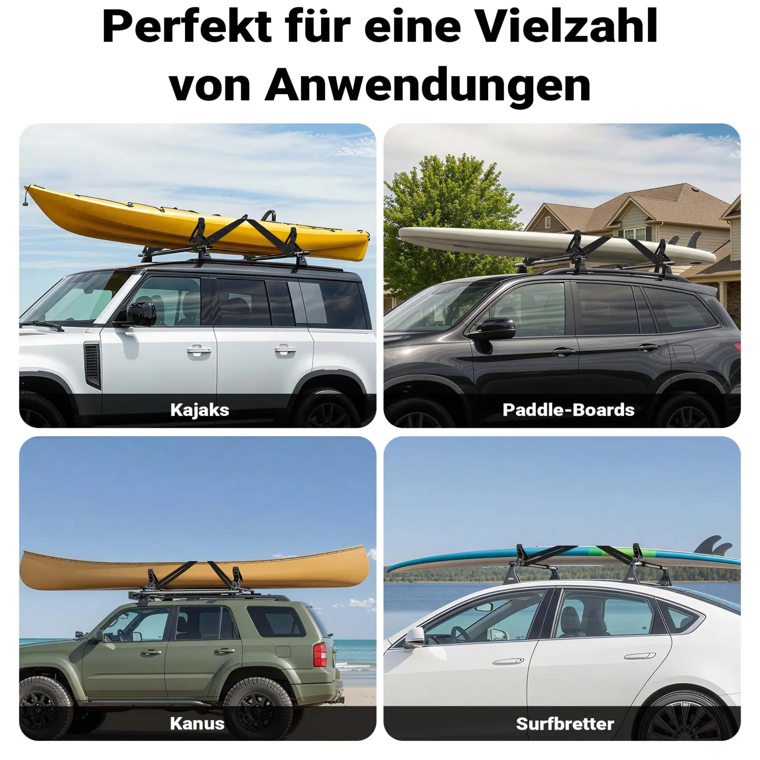 Wiltec Dachträger Set für Kajaks & SUP-Boards bis 70 kg 4 Stück, Boothalterung für Autodachträger, einfache Montage & verstellbarer Winkel, inkl. Befestigungsriemen