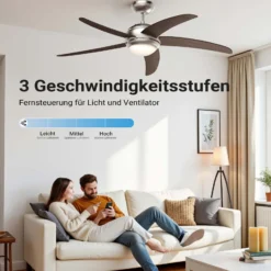Wiltec Deckenventilator Ø 136 cm mit 5 Flügel, Ventilator mit 3 Geschwindigkeiten und Lampe, Lüfter mit Fernbedienung, Timer, Sommer- u. Wintermodus