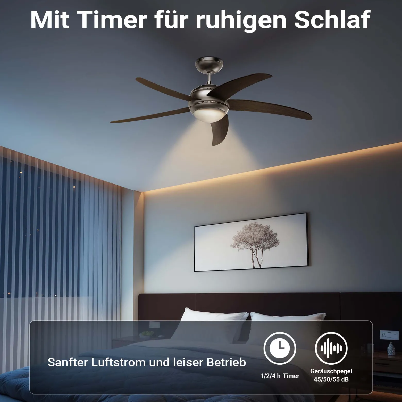 Wiltec Deckenventilator Ø 136 cm mit 5 Flügel, Ventilator mit 3 Geschwindigkeiten und Lampe, Lüfter mit Fernbedienung, Timer, Sommer- u. Wintermodus