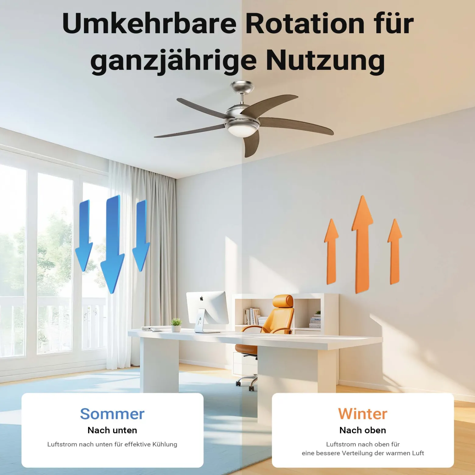 Wiltec Deckenventilator Ø 136 cm mit 5 Flügel, Ventilator mit 3 Geschwindigkeiten und Lampe, Lüfter mit Fernbedienung, Timer, Sommer- u. Wintermodus