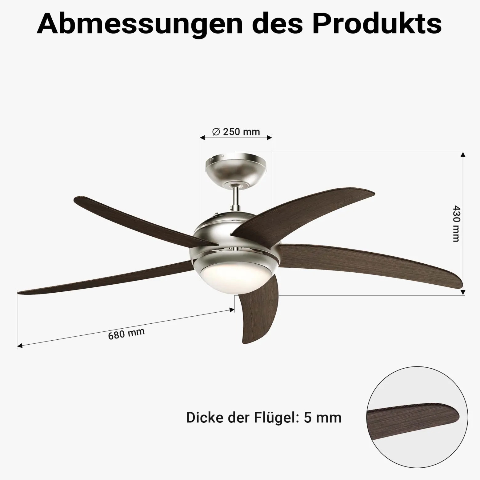 Wiltec Deckenventilator Ø 136 cm mit 5 Flügel, Ventilator mit 3 Geschwindigkeiten und Lampe, Lüfter mit Fernbedienung, Timer, Sommer- u. Wintermodus