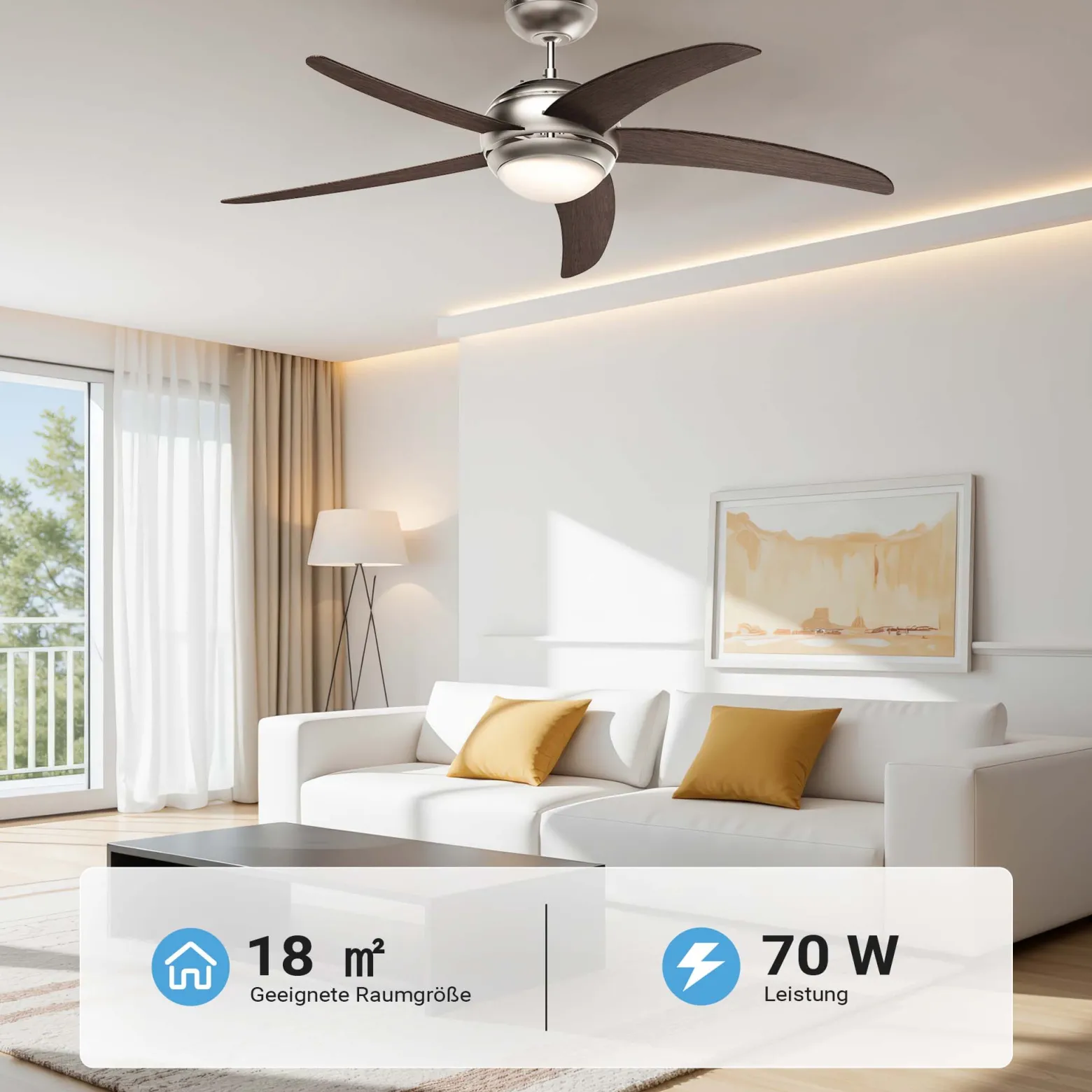 Wiltec Deckenventilator Ø 136 cm mit 5 Flügel, Ventilator mit 3 Geschwindigkeiten und Lampe, Lüfter mit Fernbedienung, Timer, Sommer- u. Wintermodus