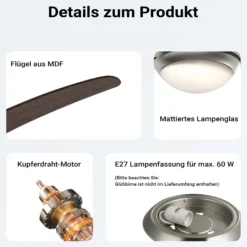 Wiltec Deckenventilator Ø 136 cm mit 5 Flügel, Ventilator mit 3 Geschwindigkeiten und Lampe, Lüfter mit Fernbedienung, Timer, Sommer- u. Wintermodus