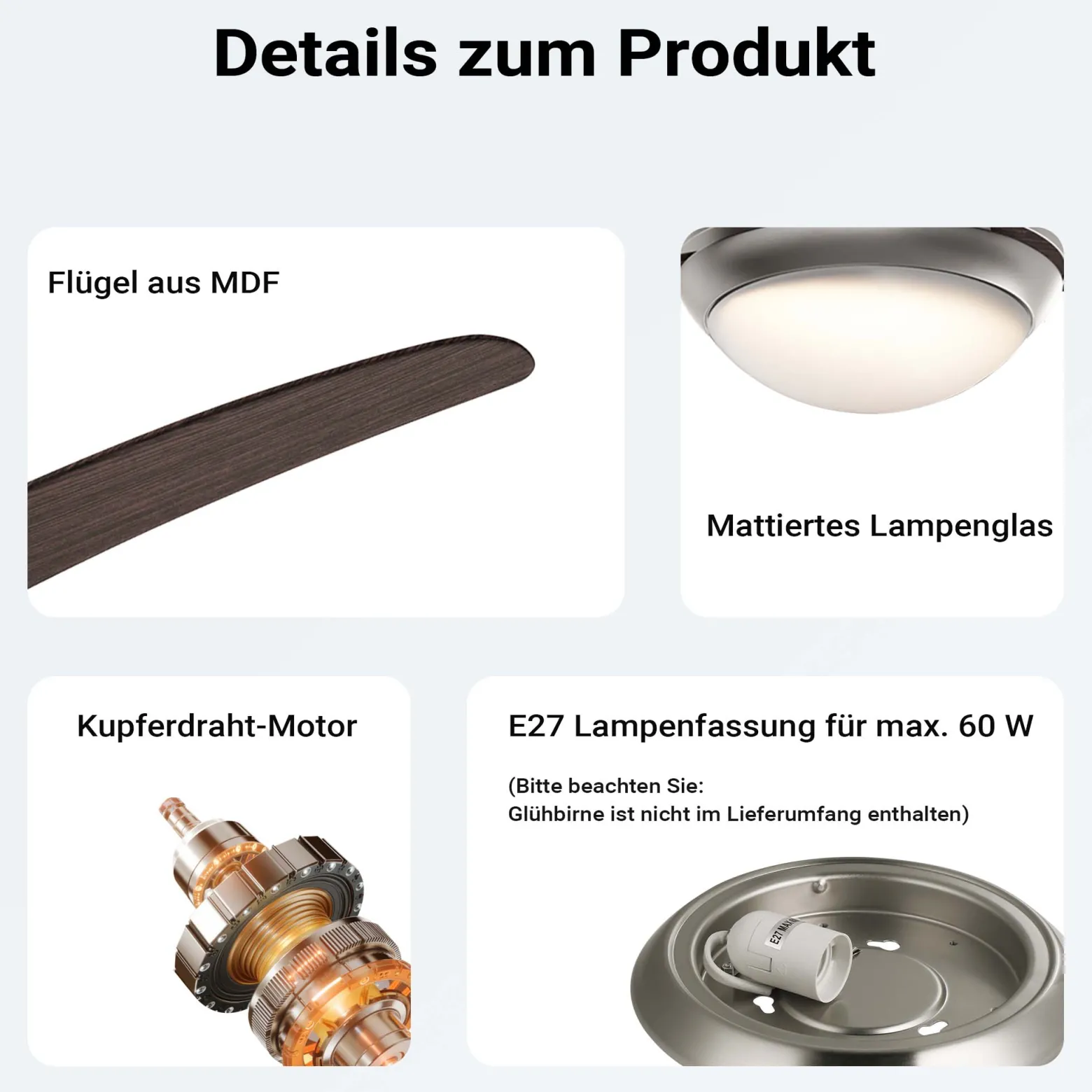Wiltec Deckenventilator Ø 136 cm mit 5 Flügel, Ventilator mit 3 Geschwindigkeiten und Lampe, Lüfter mit Fernbedienung, Timer, Sommer- u. Wintermodus