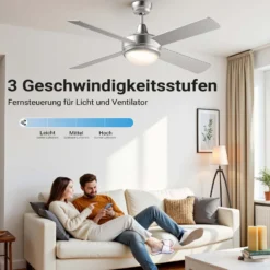Wiltec Deckenventilator Ø 130 cm mit 4 Flügel, Ventilator mit 3 Geschwindigkeiten und Lampe, Lüfter mit Fernbedienung, Timer, Sommer- u. Wintermodus