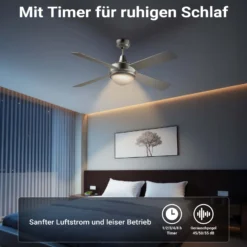 Wiltec Deckenventilator Ø 130 cm mit 4 Flügel, Ventilator mit 3 Geschwindigkeiten und Lampe, Lüfter mit Fernbedienung, Timer, Sommer- u. Wintermodus